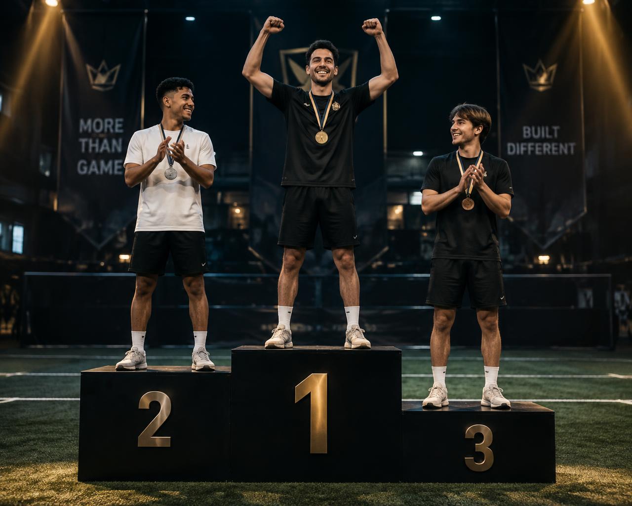 Three players celebrating on the Elite Games champion podium wearing gold, silver, and bronze medals